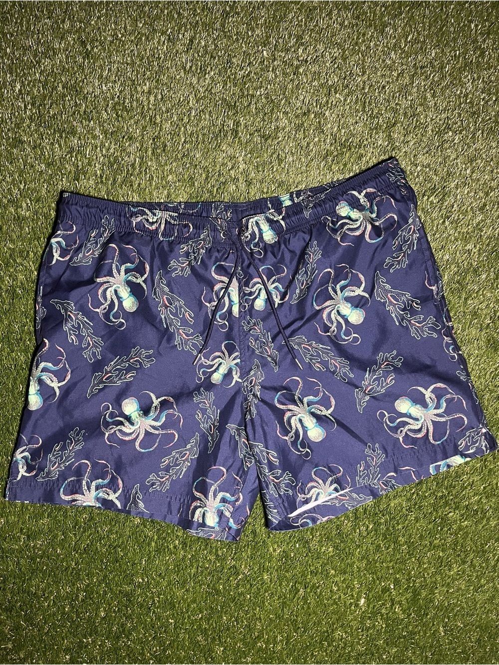 Lands' End Navy Swim Trunks with Teal Octopus Print Men's XL